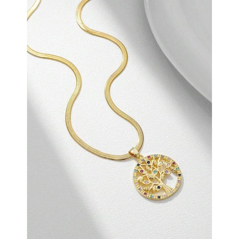 18K Gold Plated Tree Of Life Pendant Necklace With Multicolor Rhinestones